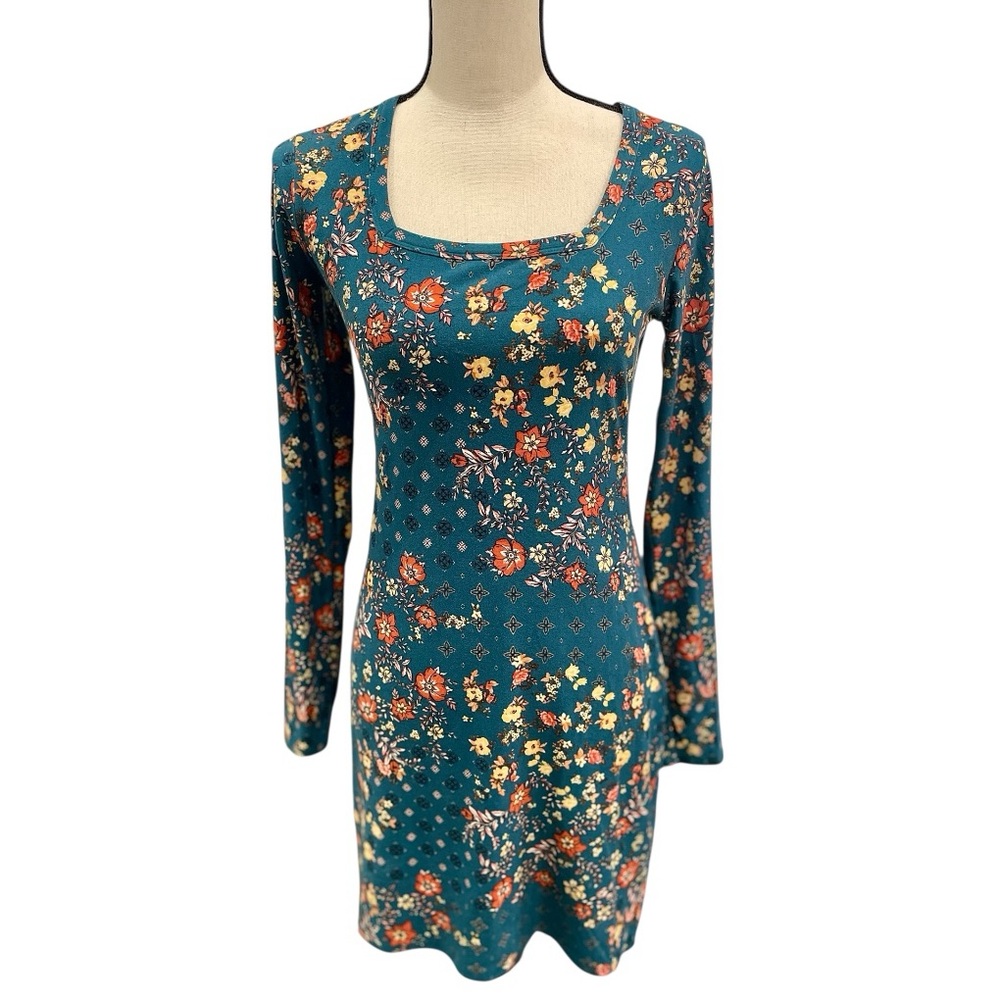 Mudd Teal Green Floral Print Long Sleeve Dress